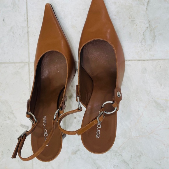 SERGIO ROSSI {39.5} Heels Slingback Leather Stiletto Tobacco Brown - Picture 8 of 12